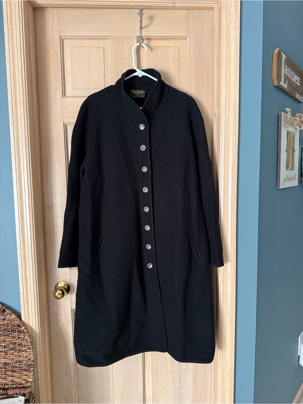 Abella Black Long Wool Coat with Button Front